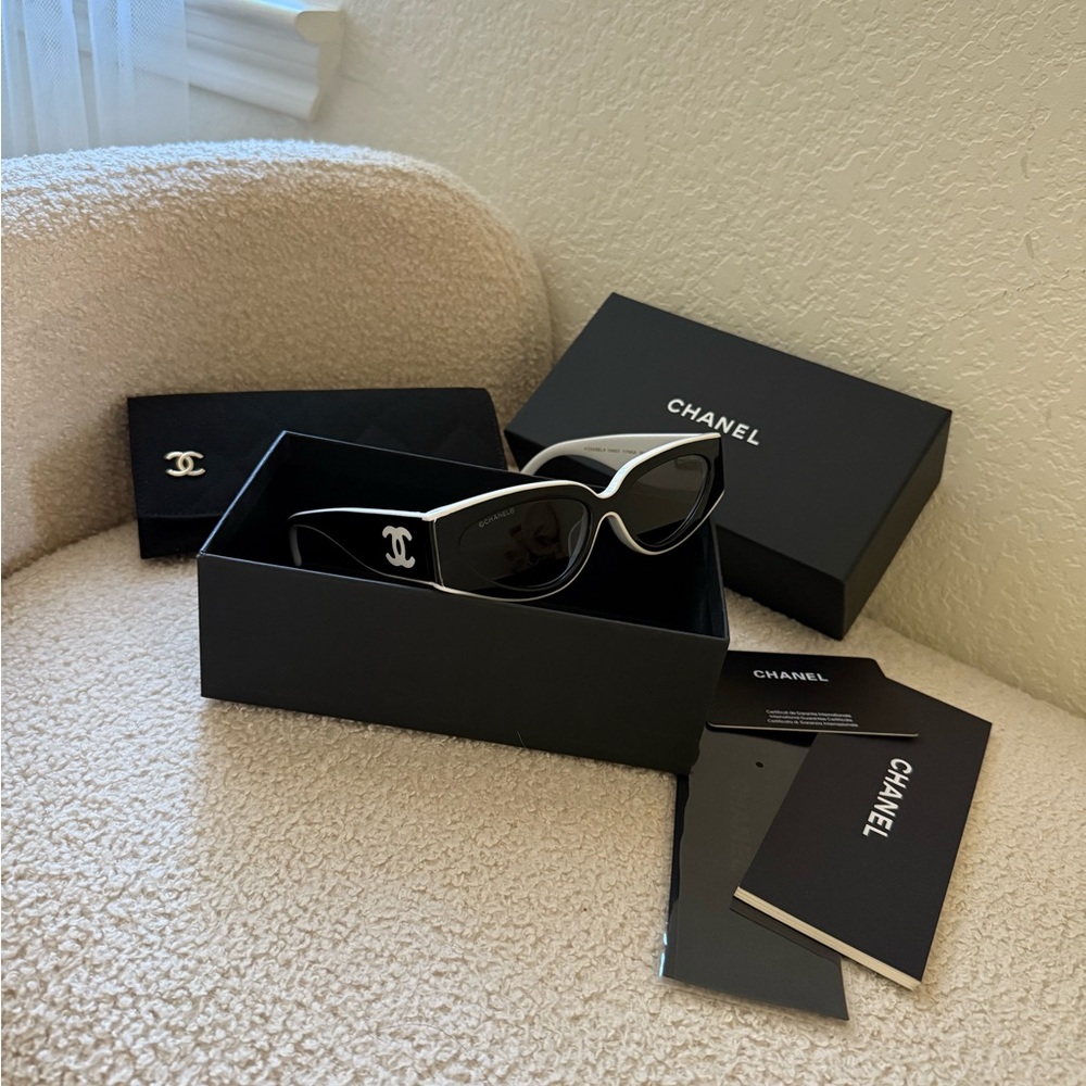 CHANEL Black Sunglasses with White Trim